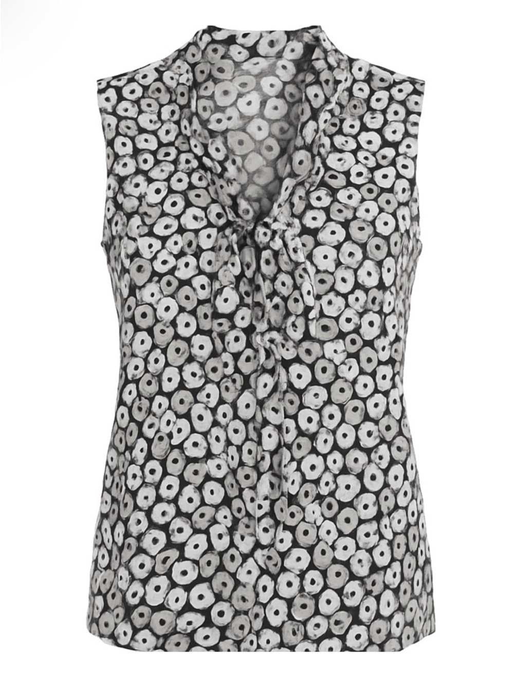 New York & Company Black & White Sleeveless Tie-Neck Floral Dot Top